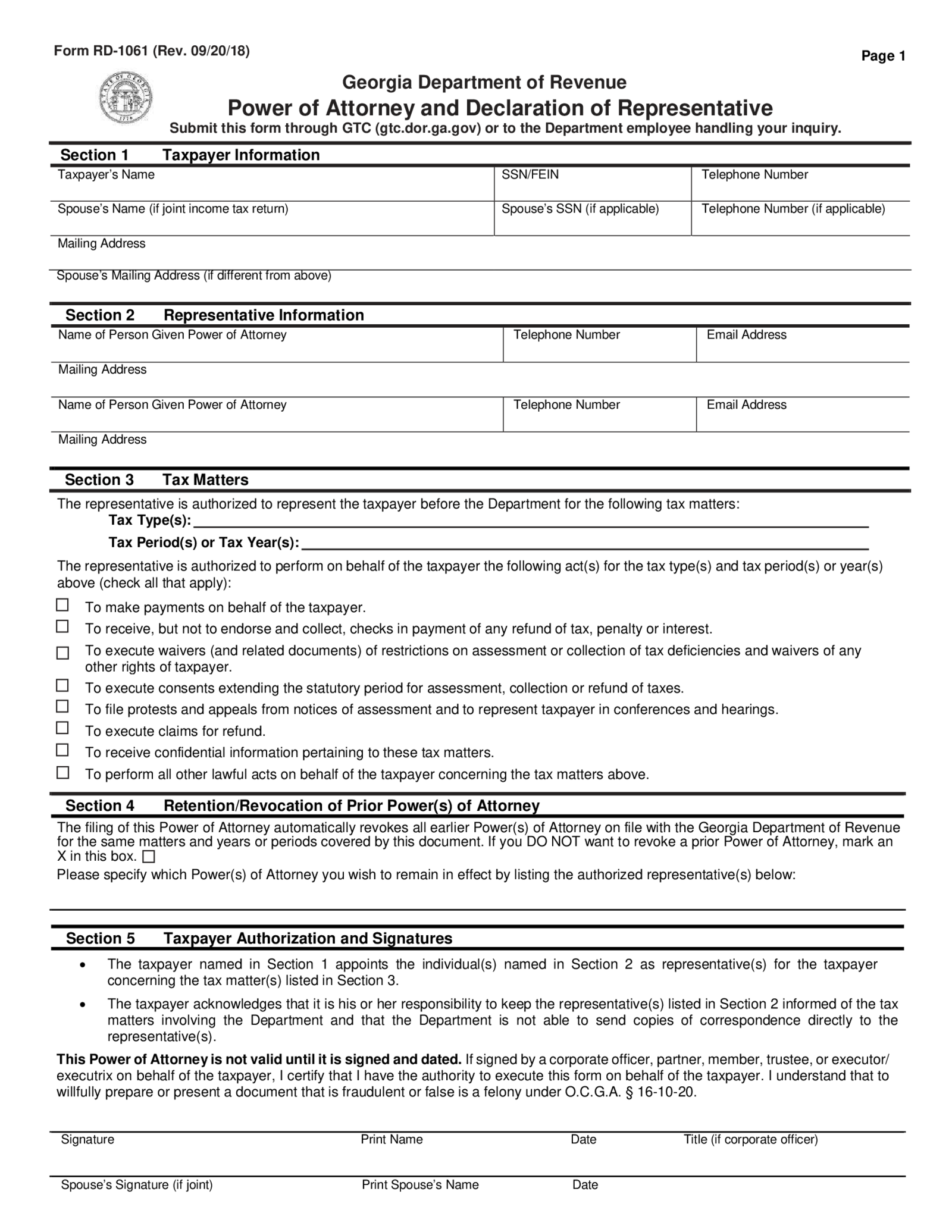 Georgia Tax Power of Attorney (Form RD-1061) - Thumbnail