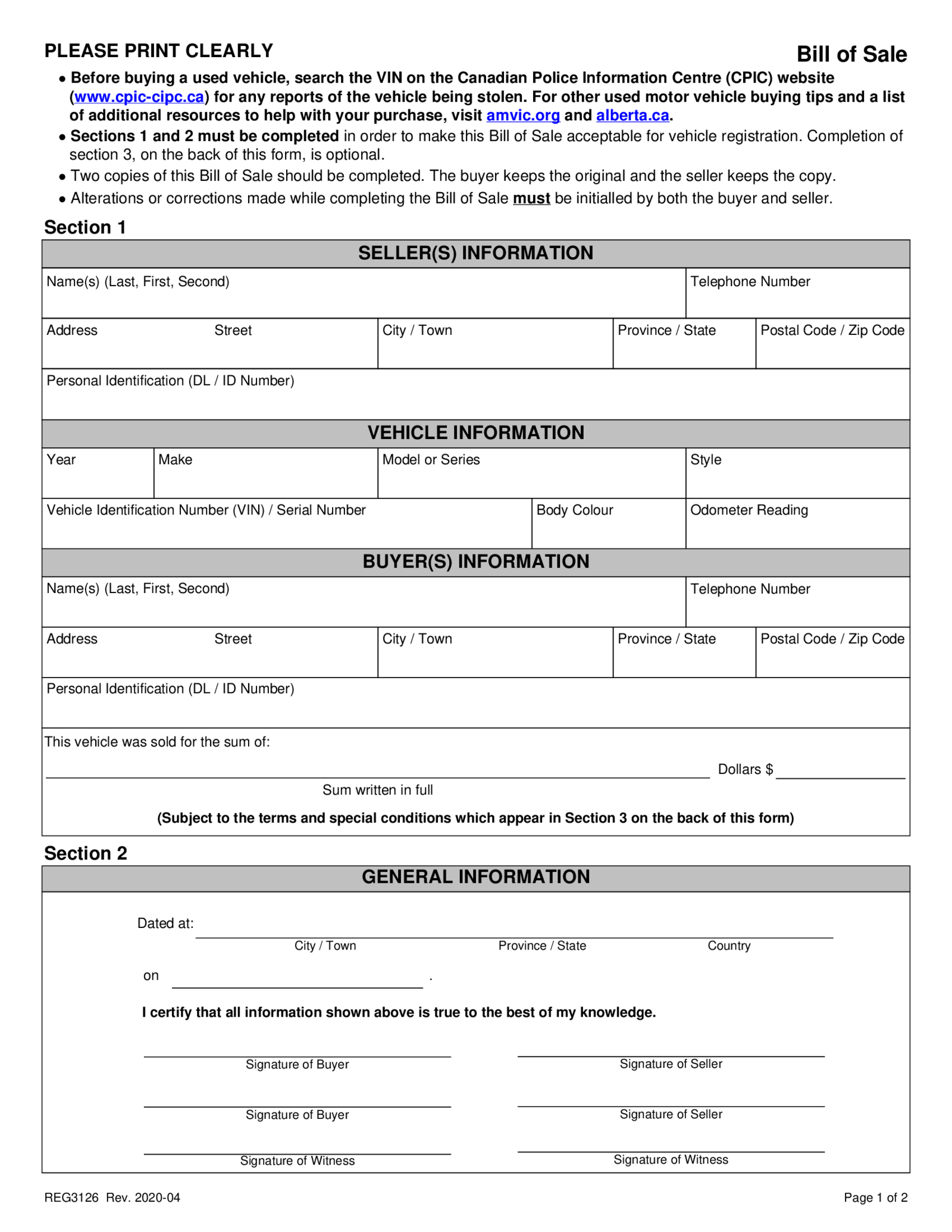 Fillable CA Alberta Form REG3126 - Thumbnail