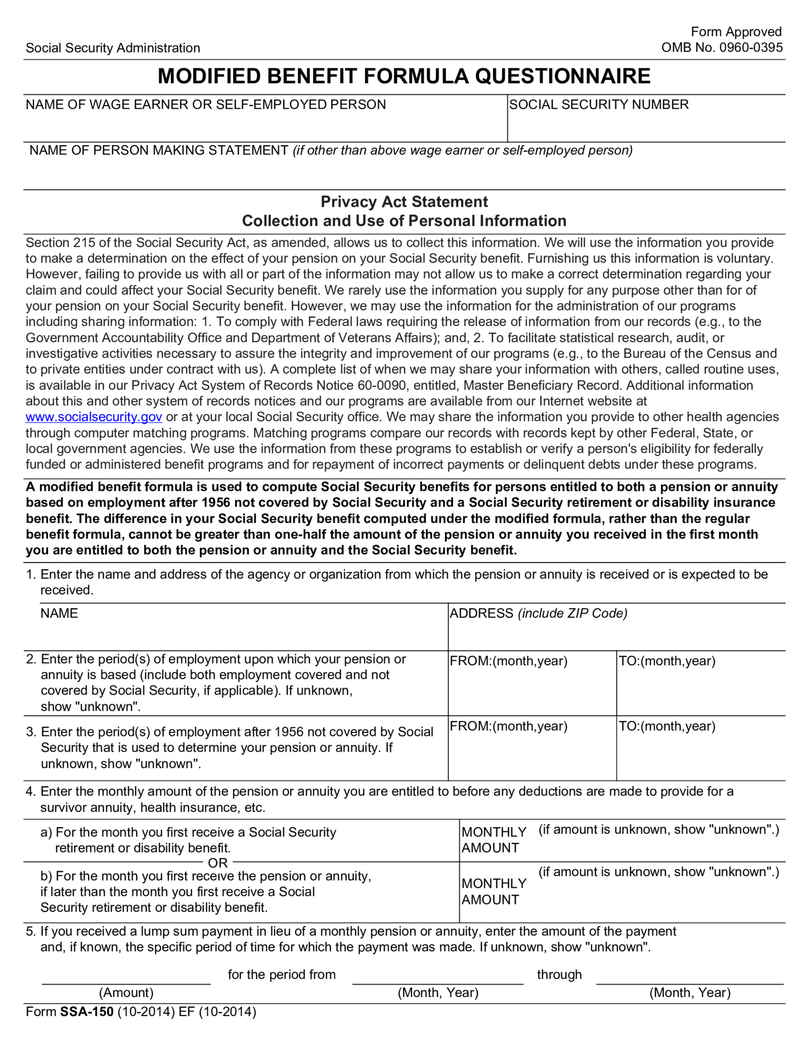 Fillable SSA-150 - Modified Benefits Formula Questionnaire - Thumbnail