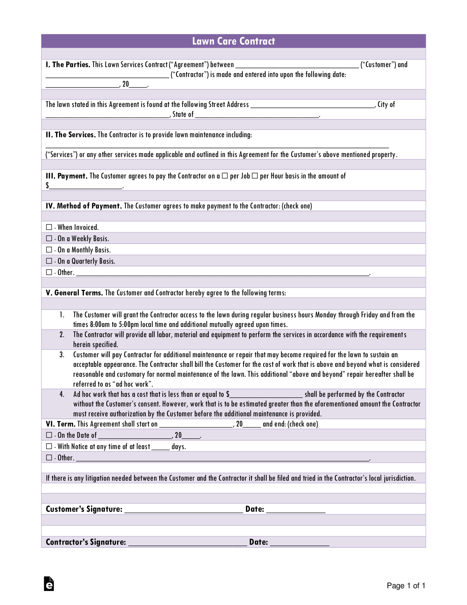 Fillable Lawn Care Contract - Thumbnail