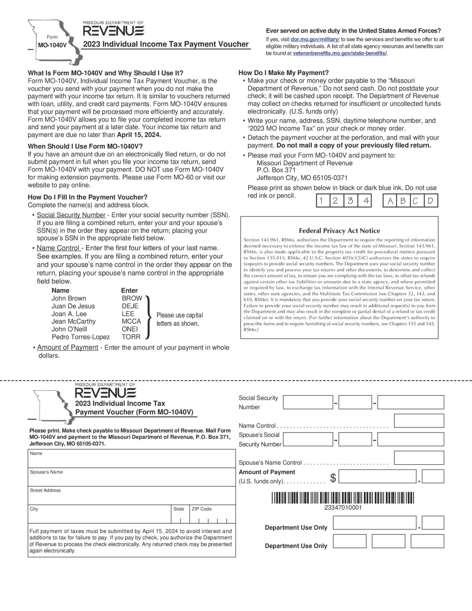 Form MO-1040V - Individual Income Tax Payment Voucher - Thumbnail