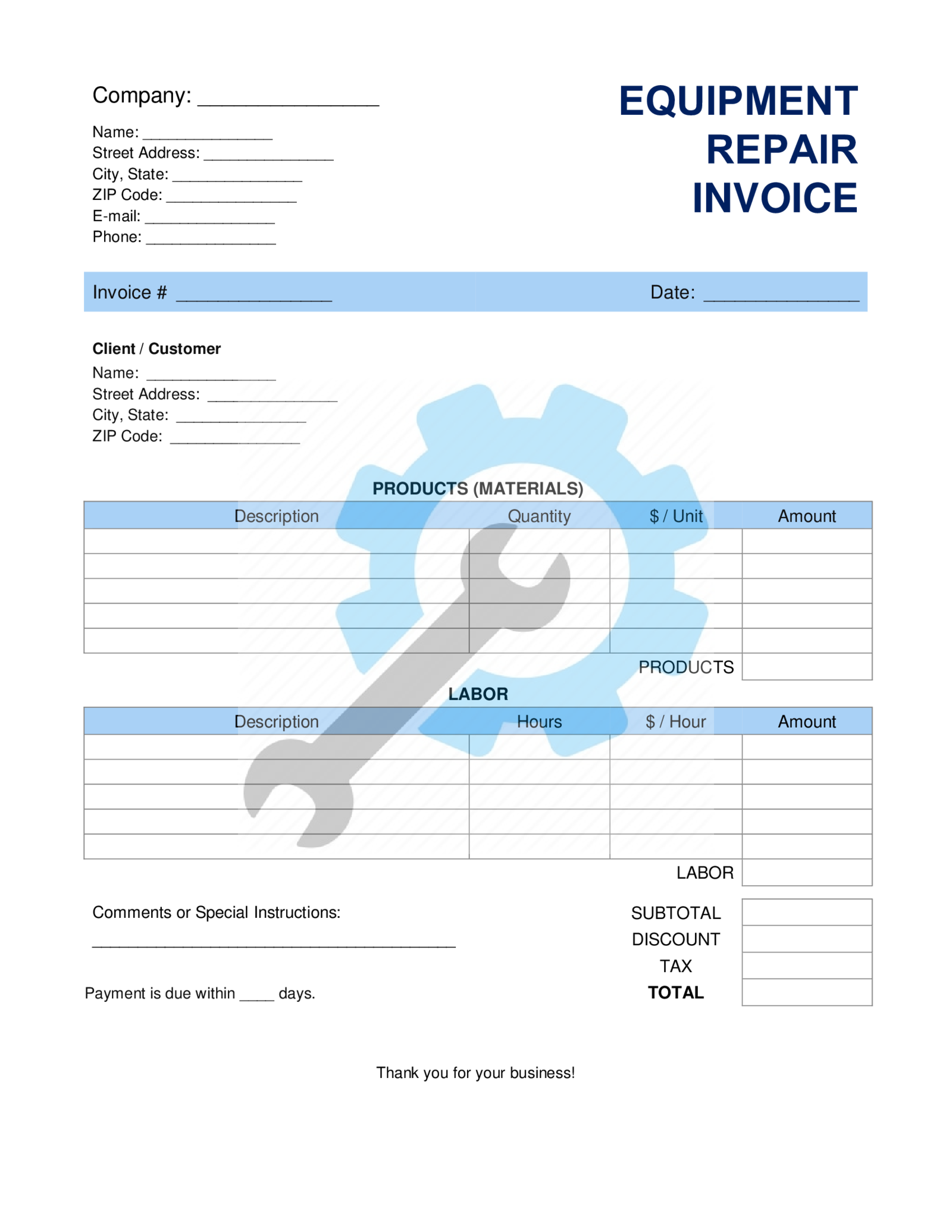 Equipment Repair Invoice Template - Thumbnail