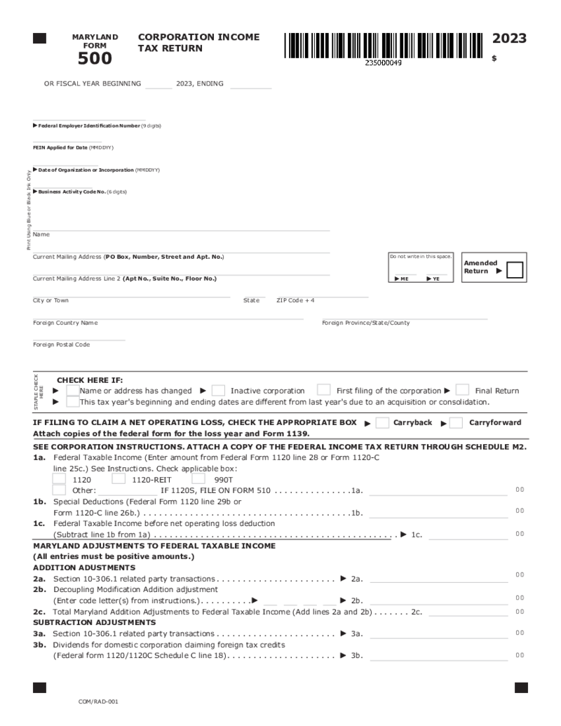 Form 500 Maryland Corporation Income Tax Return