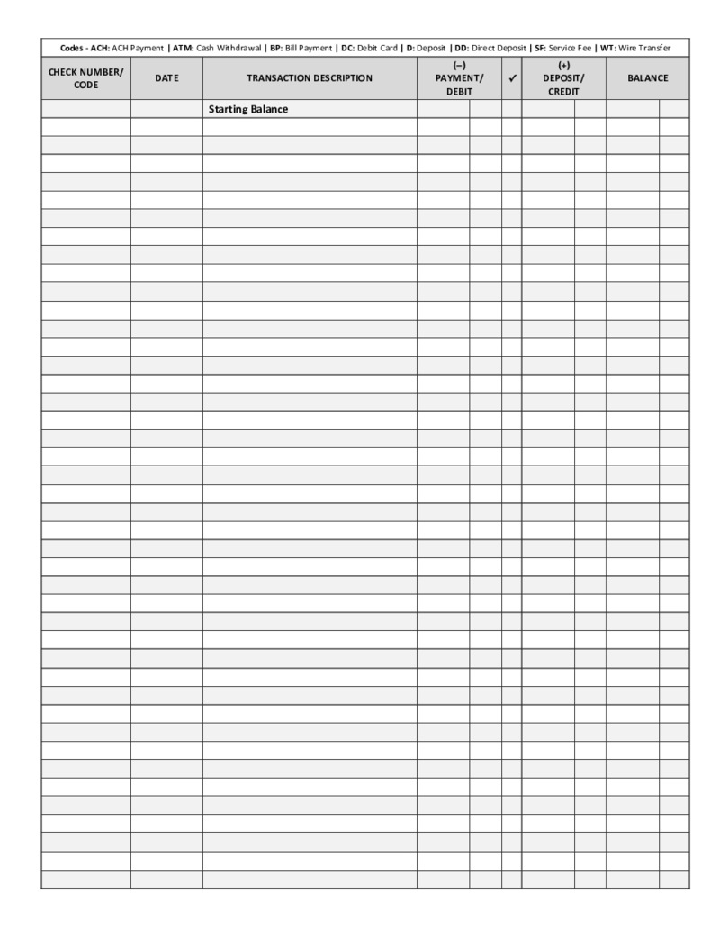 Checkbook Register Template