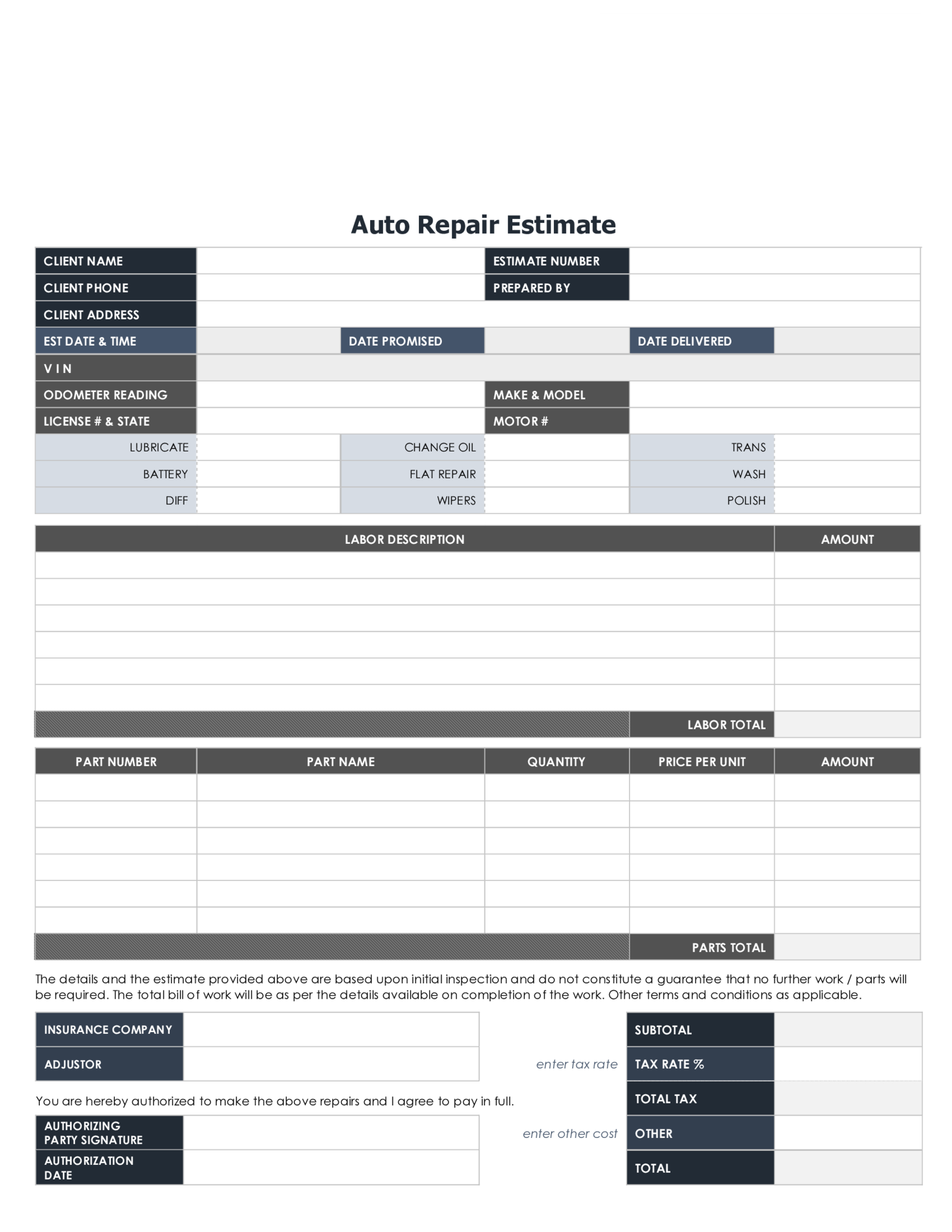 Fillable Auto Repair Estimate Template - Thumbnail