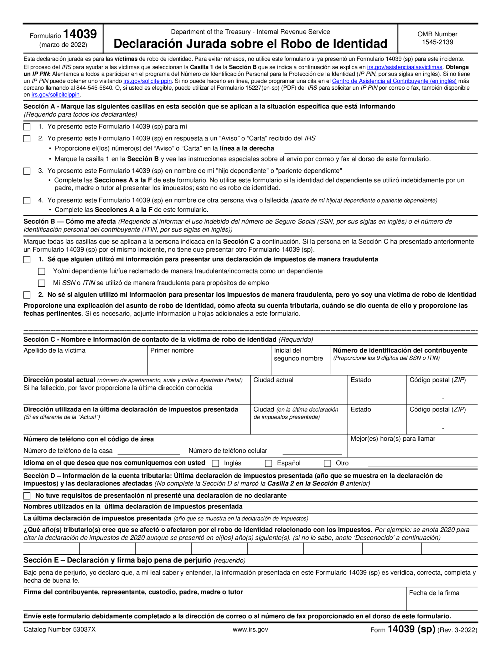 Form 14039 (sp), Identity Theft Affidavit (Spanish version) - Thumbnail