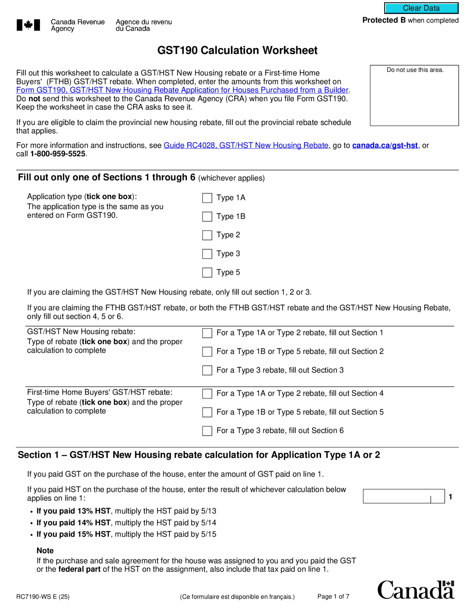 Form RC7190-WS, GST190 Calculation Worksheet - Thumbnail