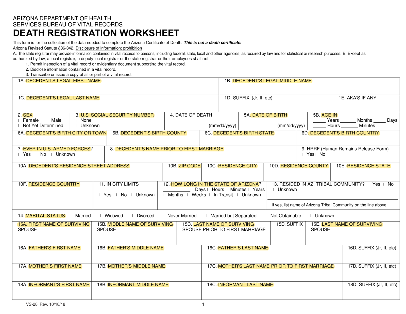 Arizona Death Registration Worksheet - Thumbnail