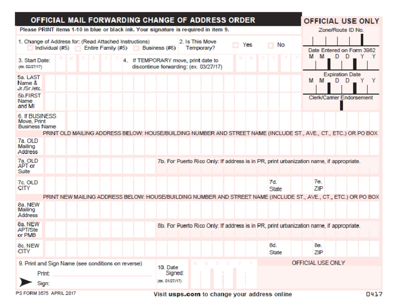 PS Form 3575 - Change of Address Form