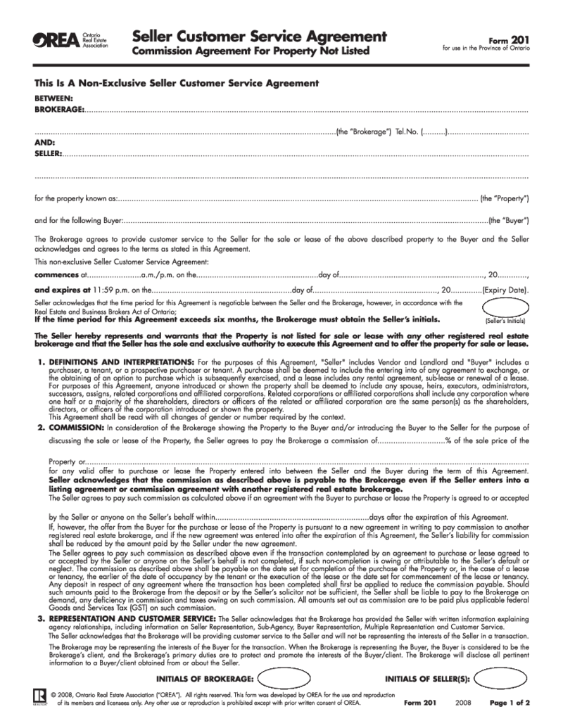 Form 201, Seller Customer Service Agreement - Commission Agreement For Property Not Listed