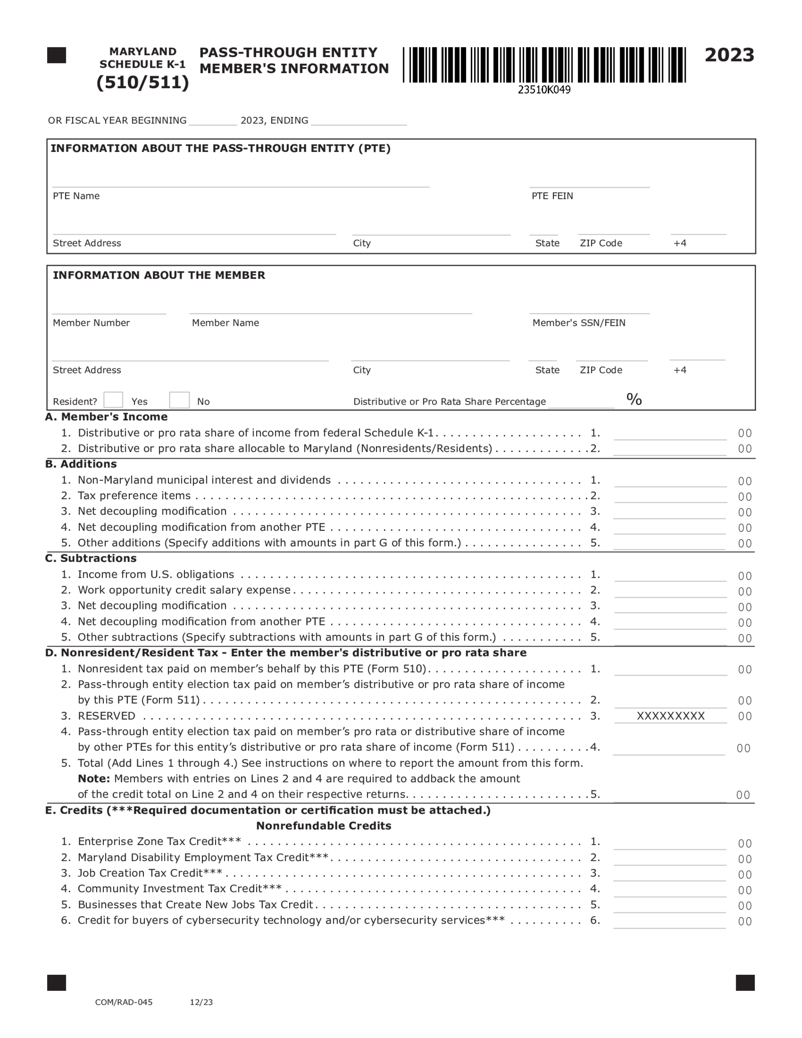 Schedule K-1 (510), Pass-Through Entity Members Information - Thumbnail