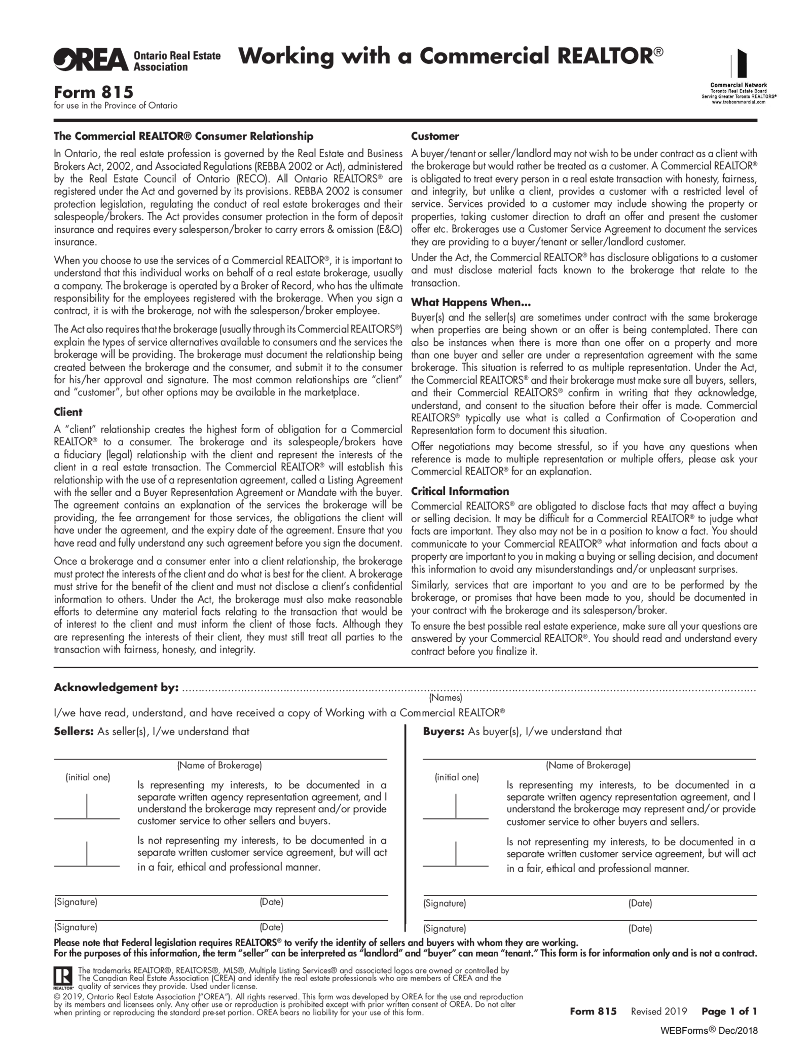 Form 815, Working with a Commercial REALTOR - Thumbnail