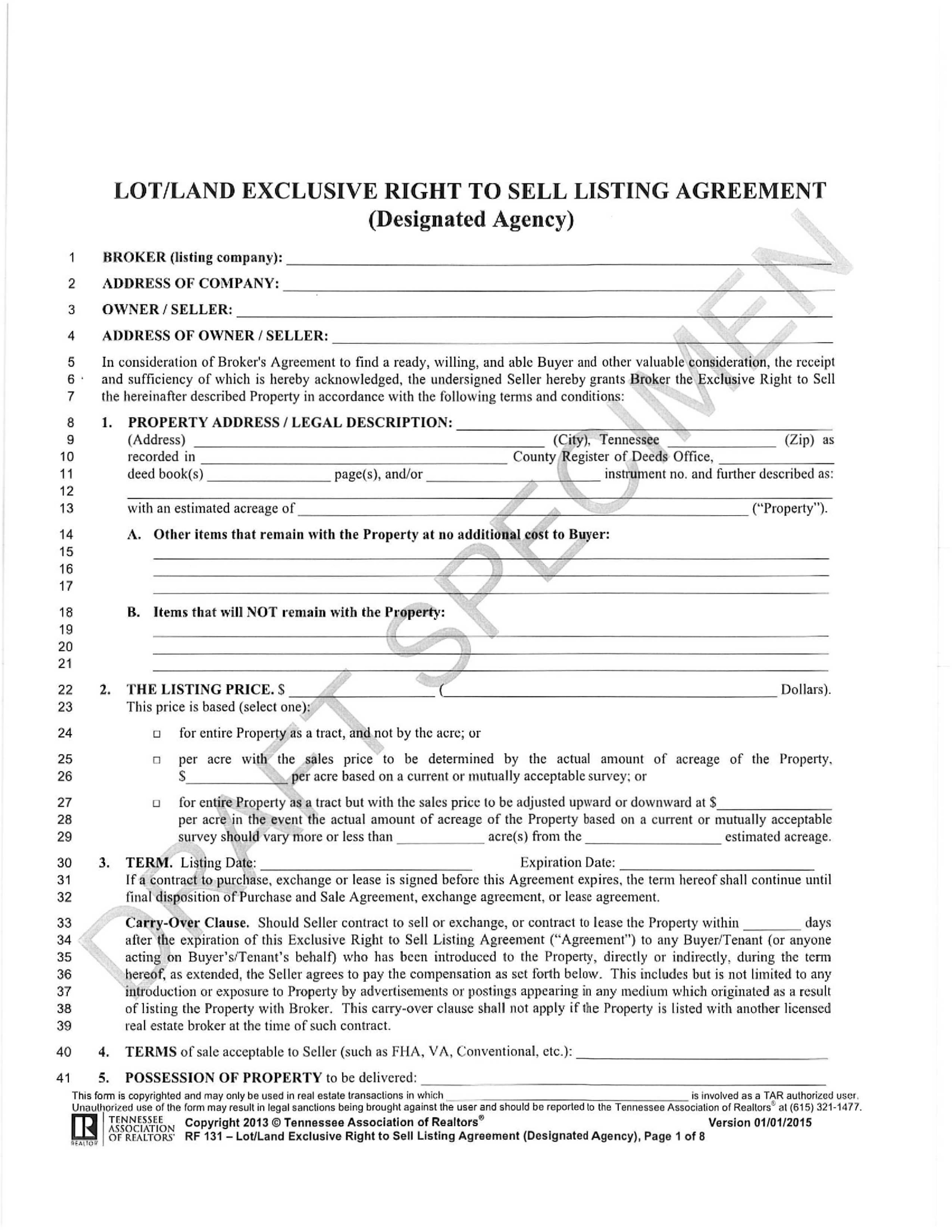 Form RF 131 Lot Land Exclusive Right to Sell Listing Agreement - Thumbnail