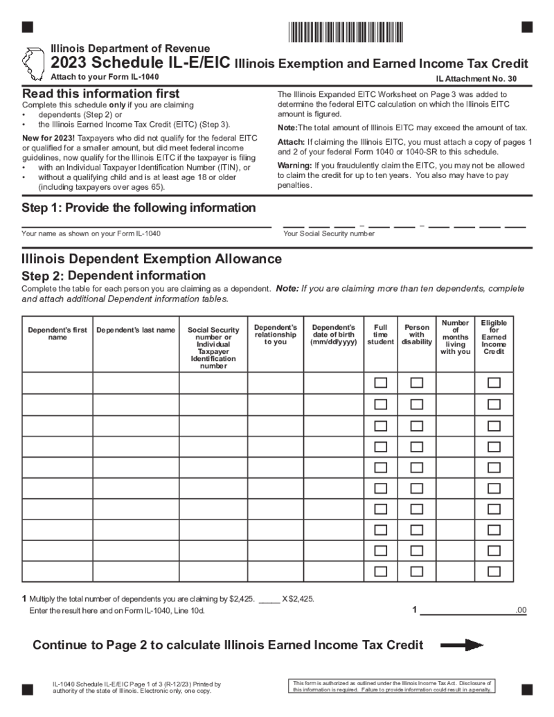 Illinois Tax Form Schedule IL-E-EIC