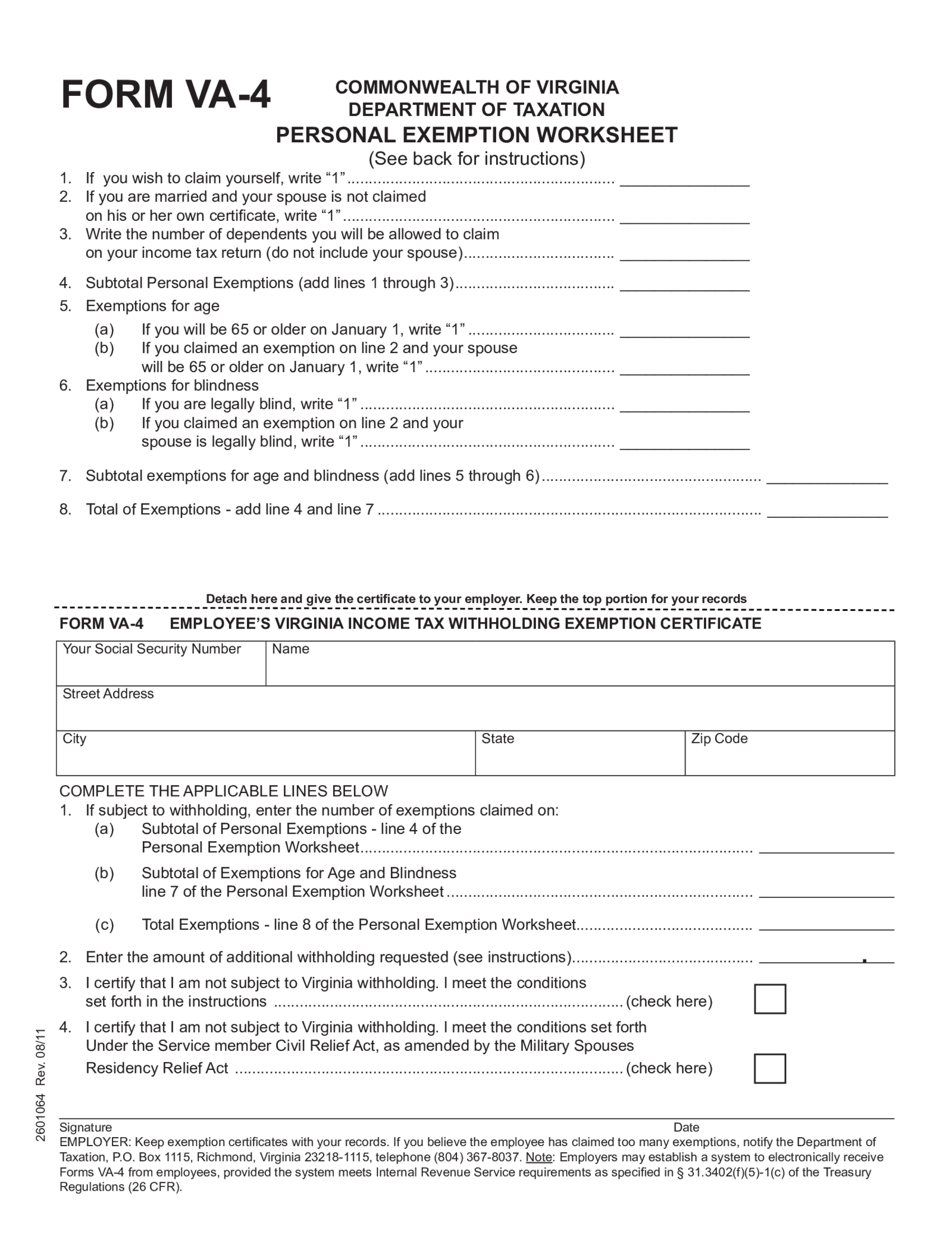 Fillable Form VA-4 - Thumbnail