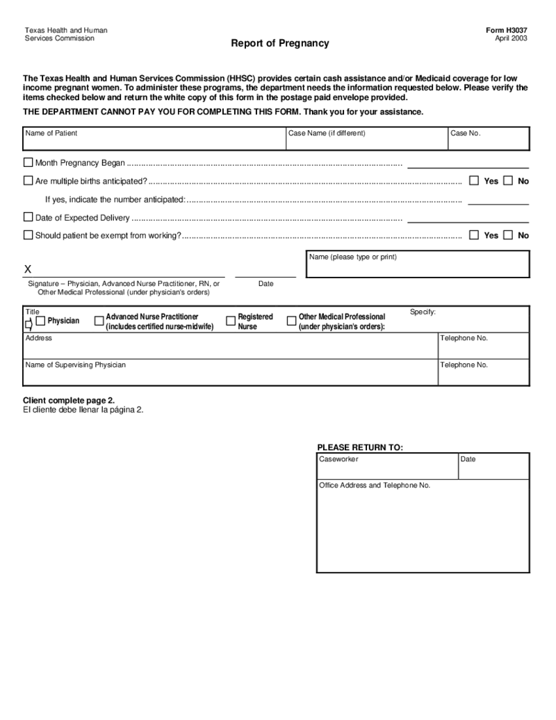 Texas Proof of Pregnancy Form H3037