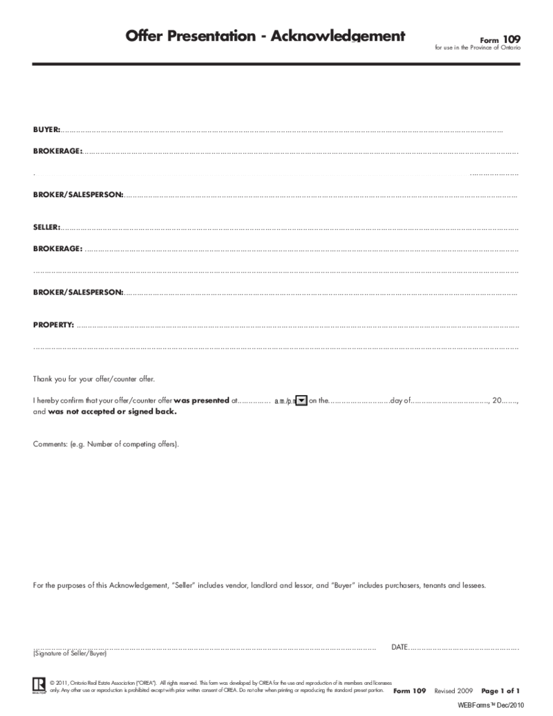 Form 109, Offer Conveyance, Acknowledgement