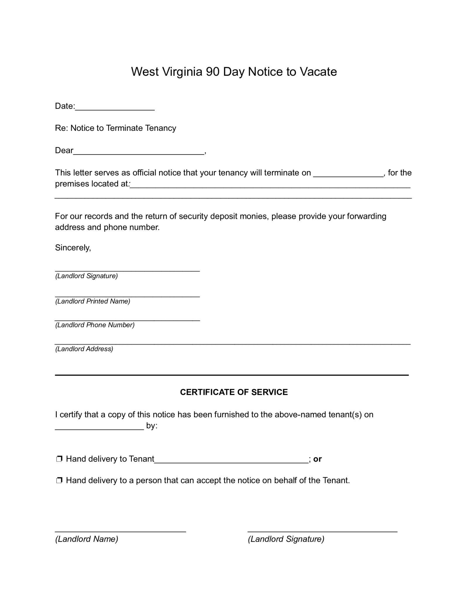 West Virginia 90 Day Lease Termination Notice Form - Thumbnail