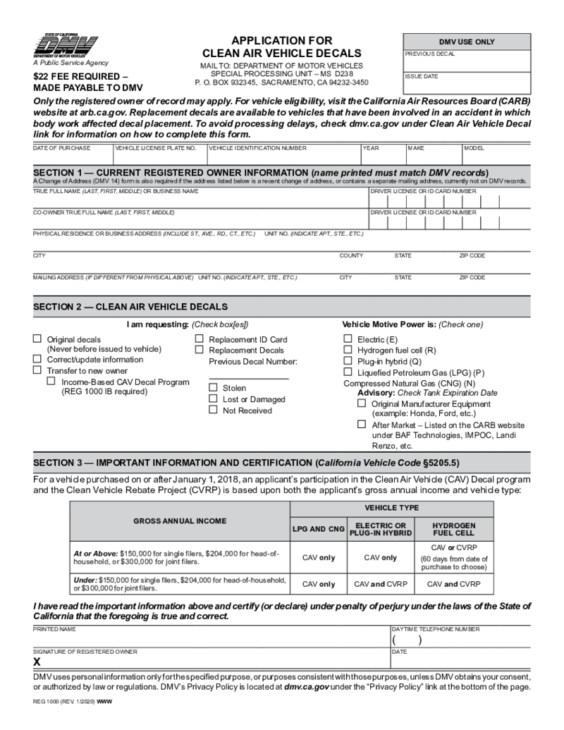 REG 1000, Application for Clean Air Vehicle Decals