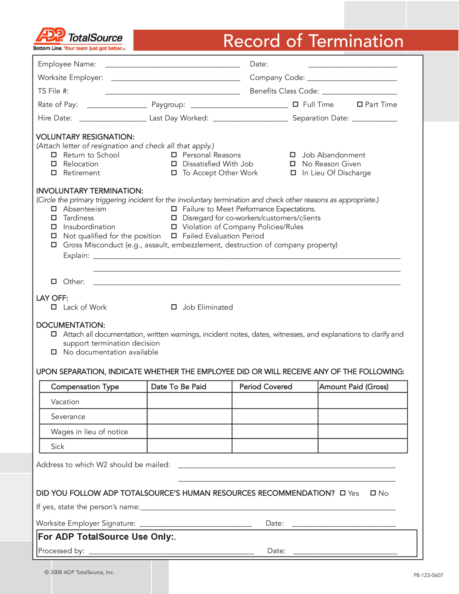 ADP Termination Form - Thumbnail