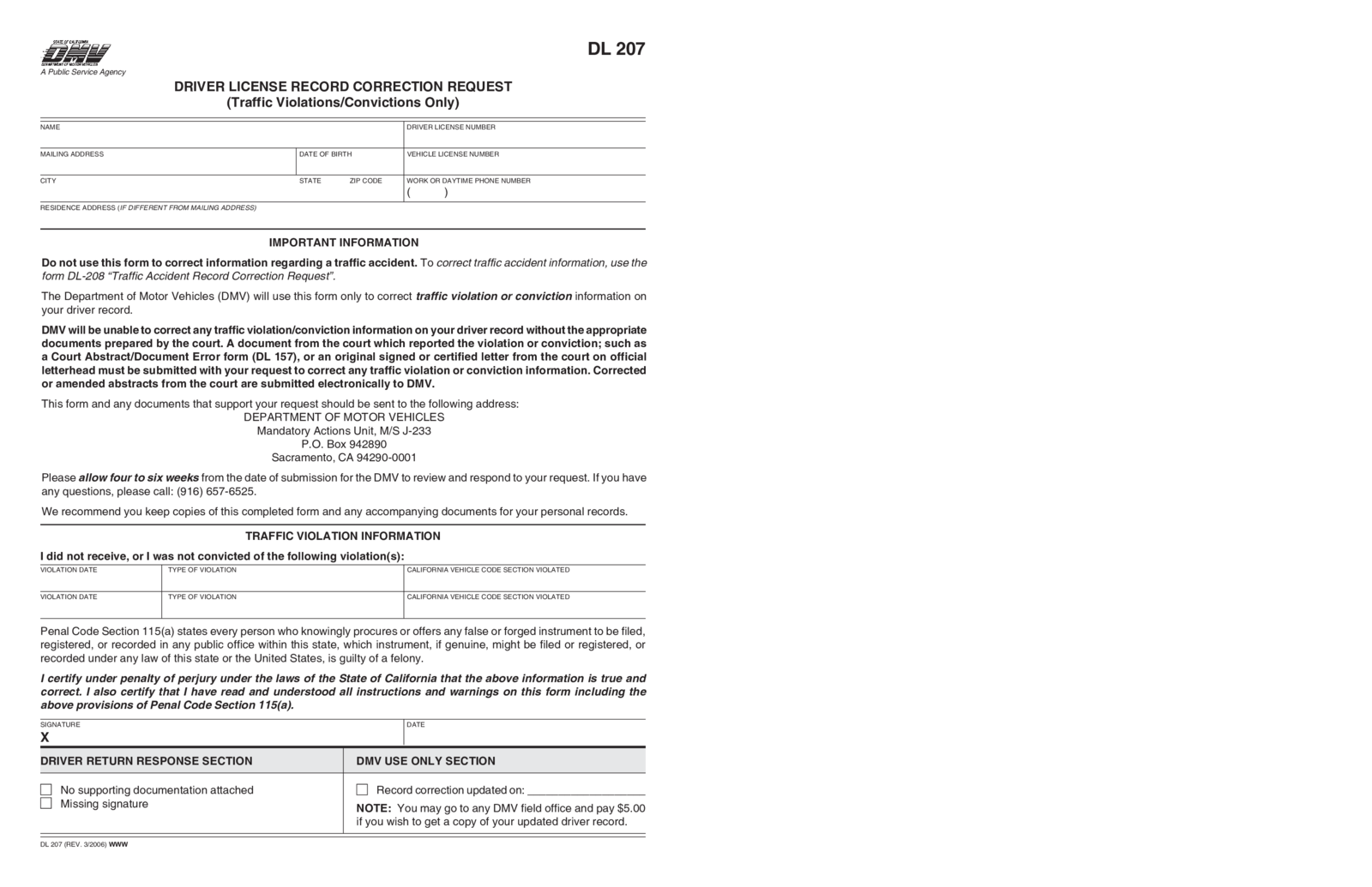 DL 207, Driver License Record Correction Request - Thumbnail