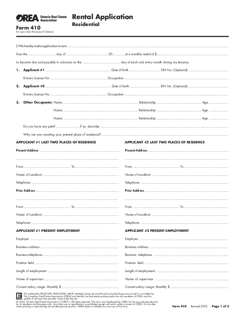 Ontario Rental Application Form 410