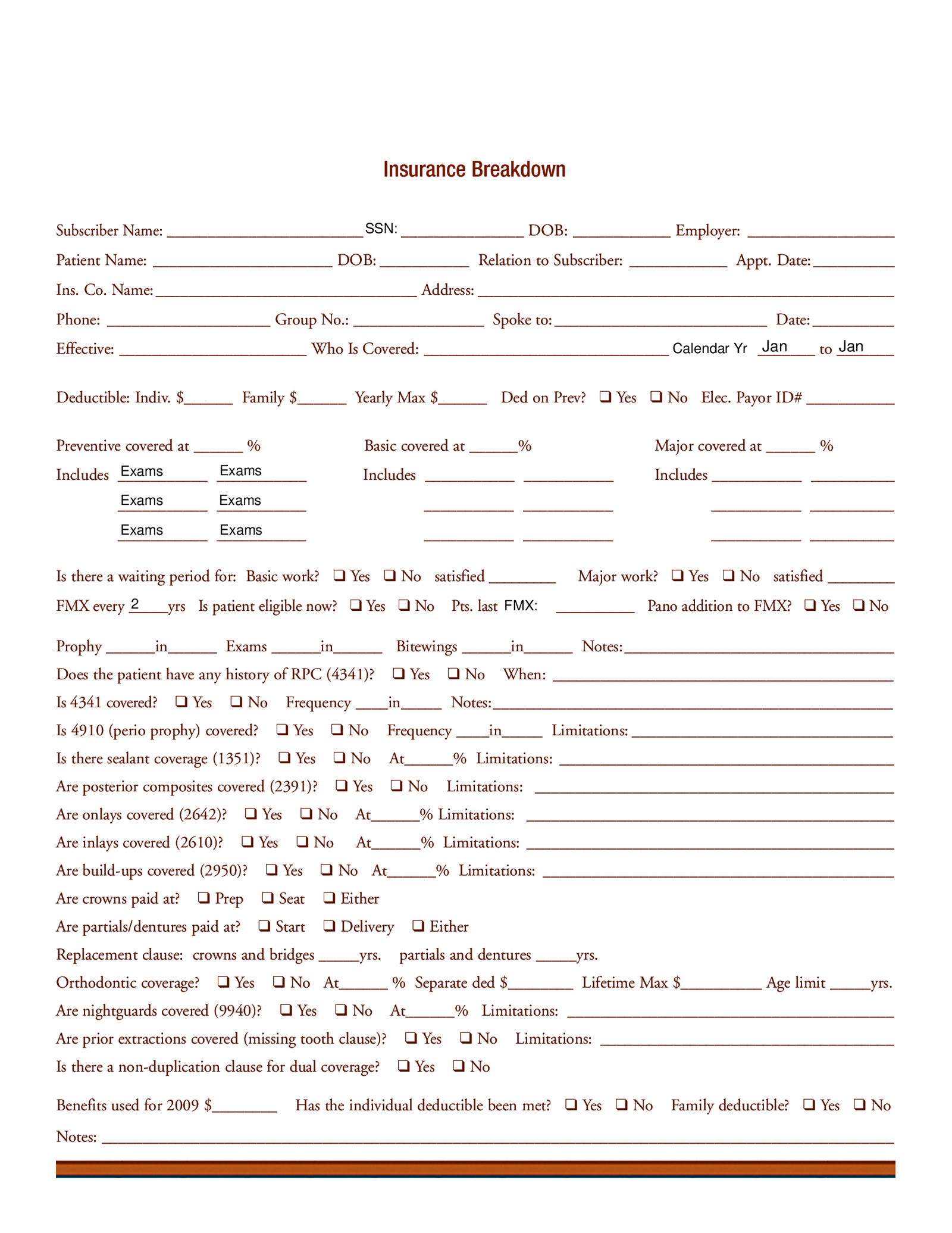 Dental Insurance Breakdown Form - Thumbnail