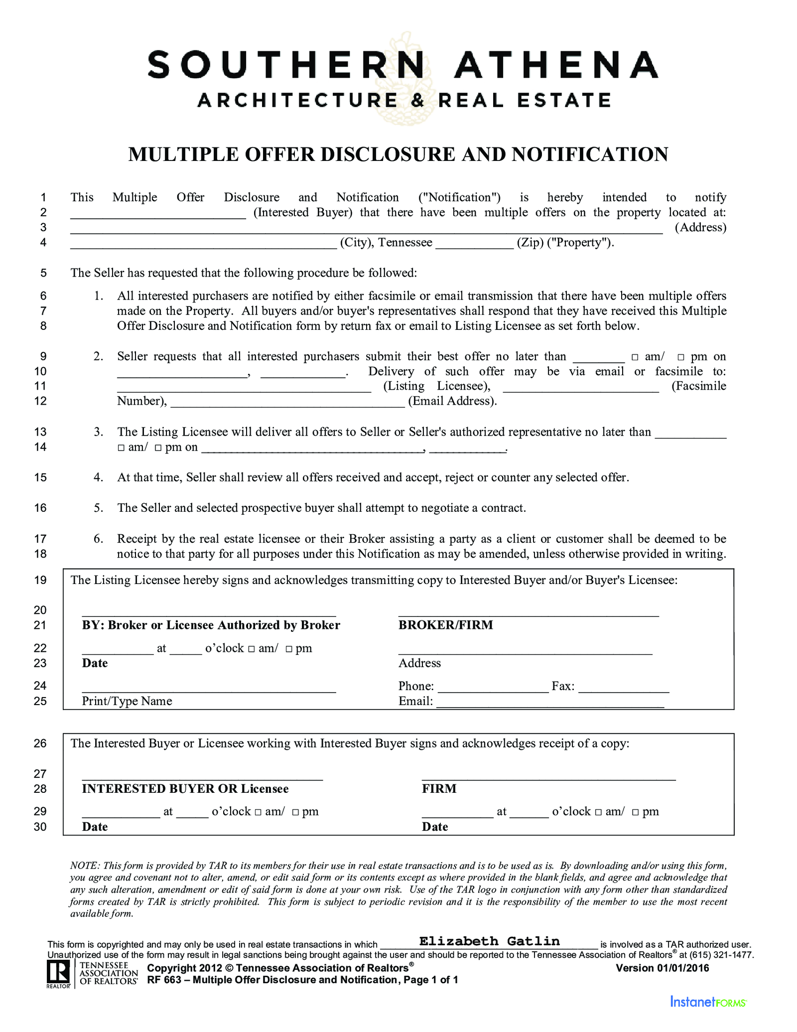 Form RF663 Multiple Offer Disclosure Notification - Thumbnail