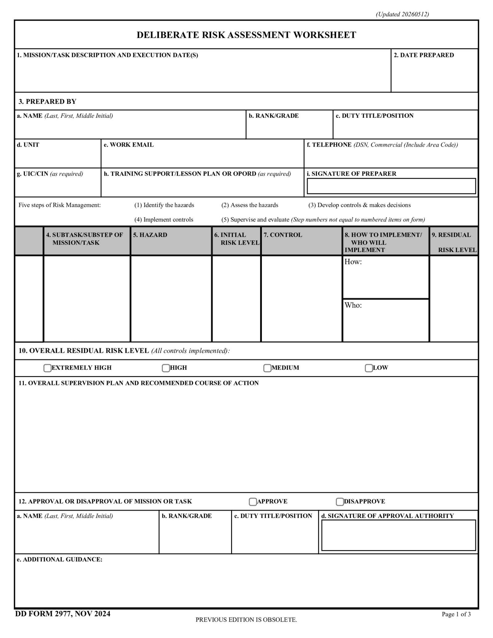 Form DD 2977, Deliberate Risk Assessment Worksheet - Thumbnail