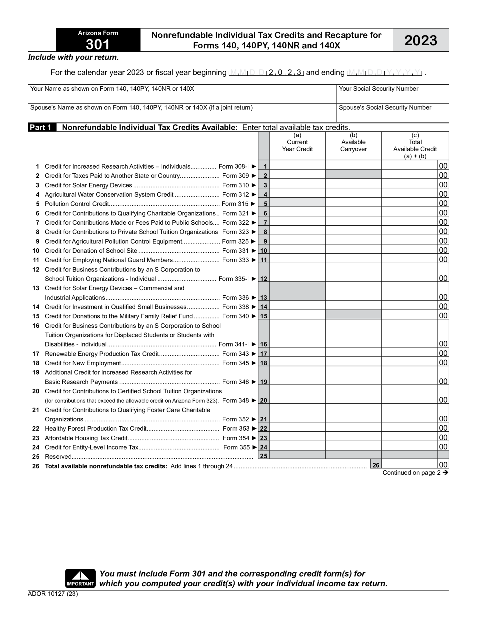 Arizona Form 301 - Thumbnail