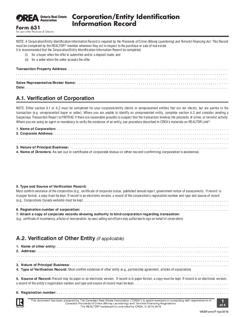 Form 631, Corporation Entity Identification Information Record