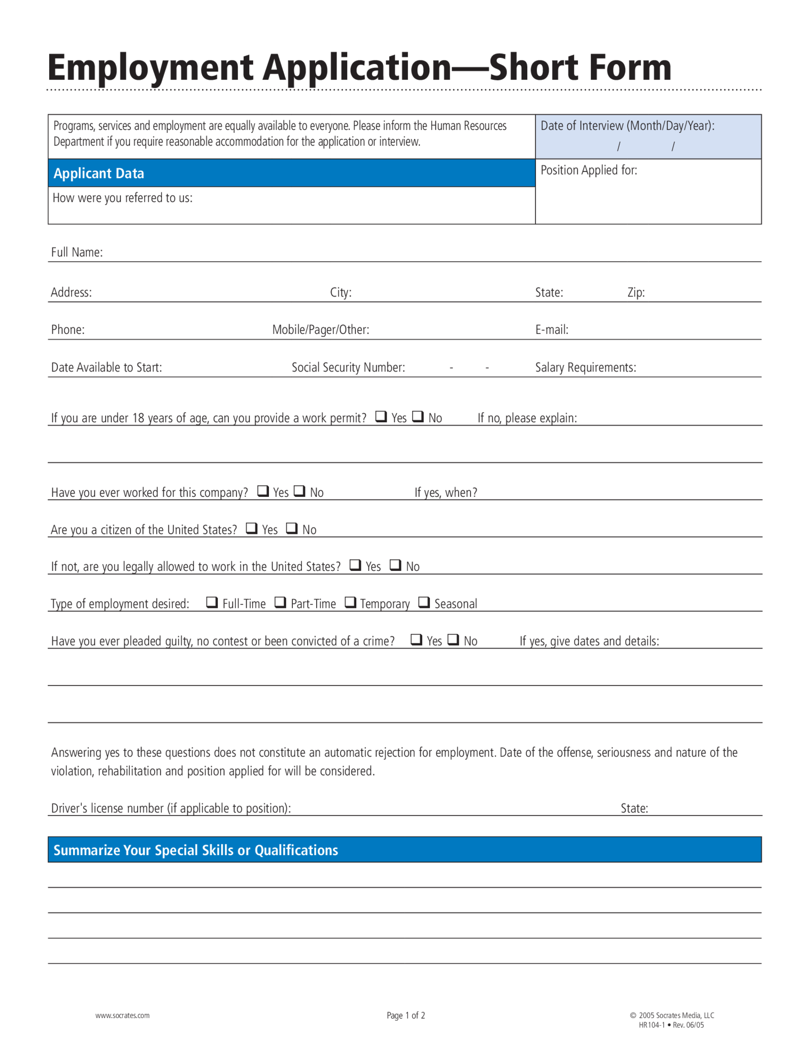 Employment Application Short Form - Thumbnail