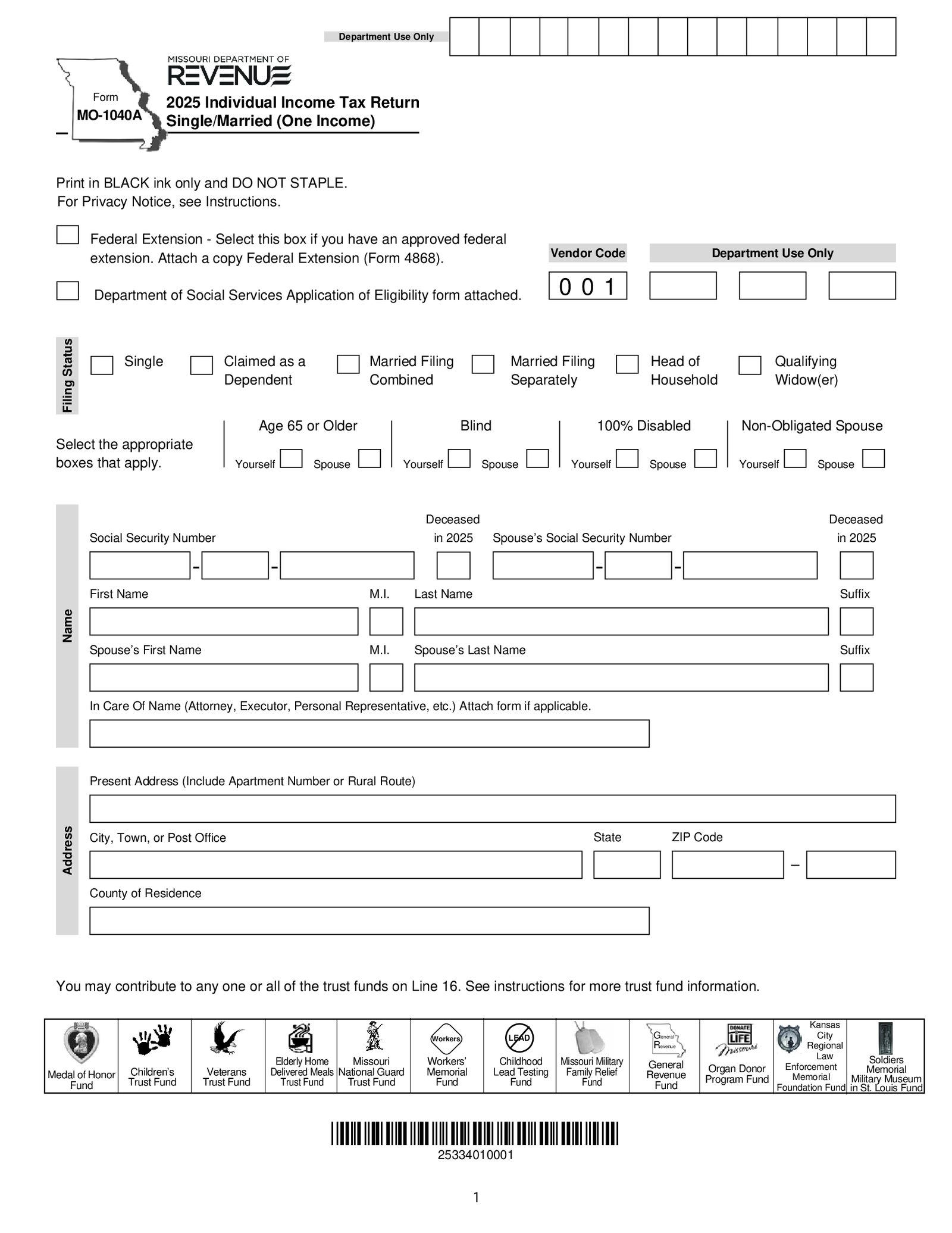 Form MO-1040A - Single Married with One Income Tax Return - Thumbnail