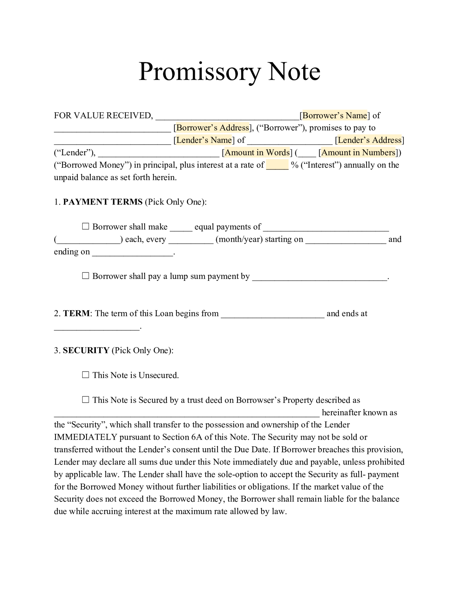 Promissory Note Template - Thumbnail