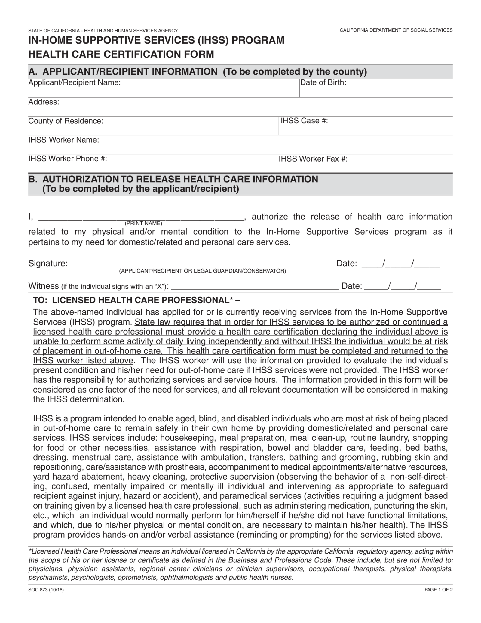 Fillable FORM SOC 873 - Thumbnail