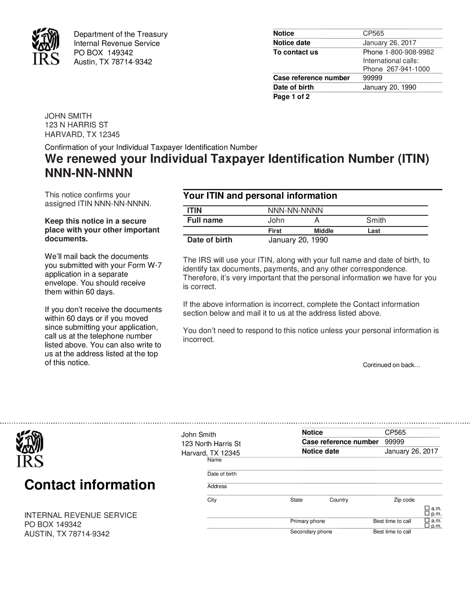 IRS Notice CP565: ITIN Assignment Notice - Thumbnail