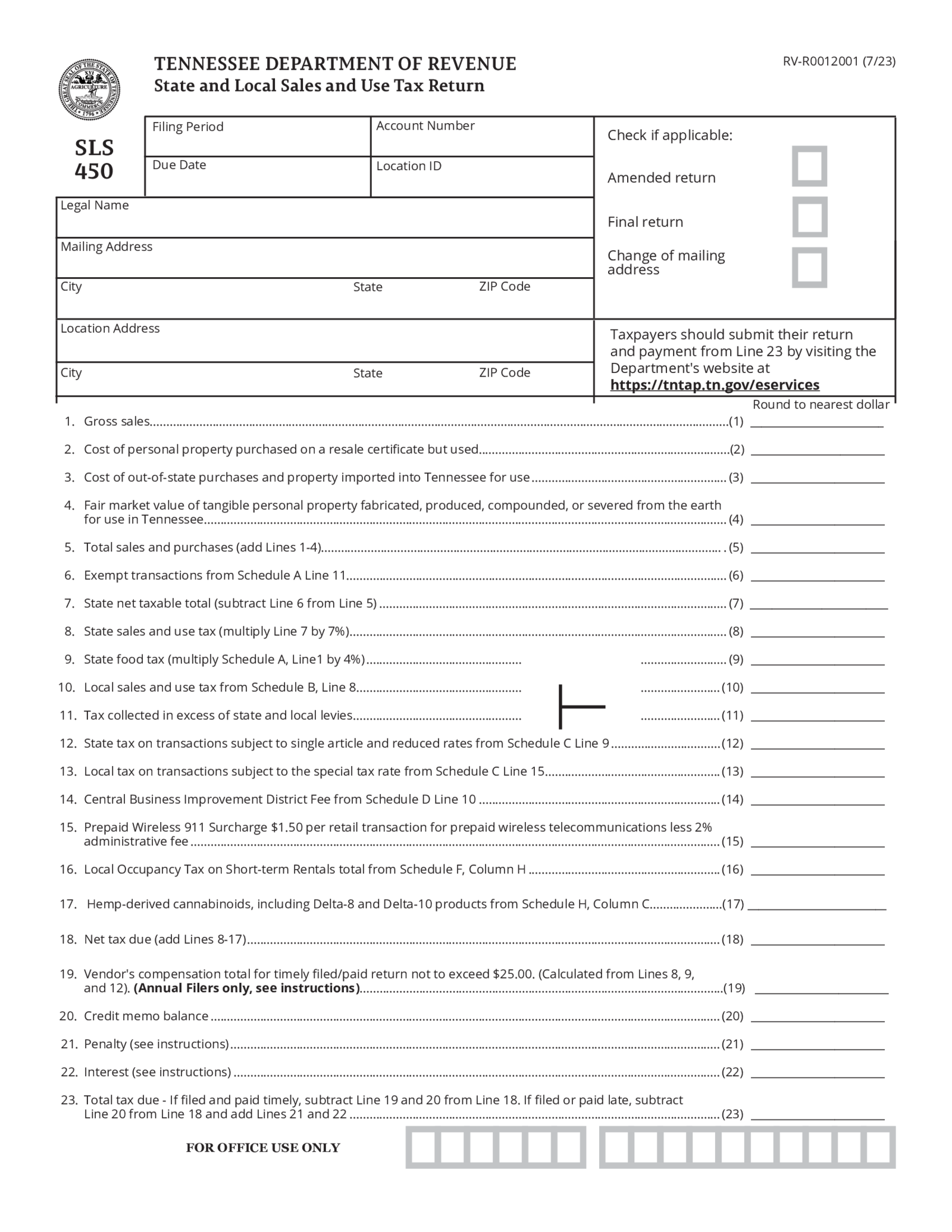 Fillable State and Local Sales and Use Tax Return (Form SLS 450) - Thumbnail