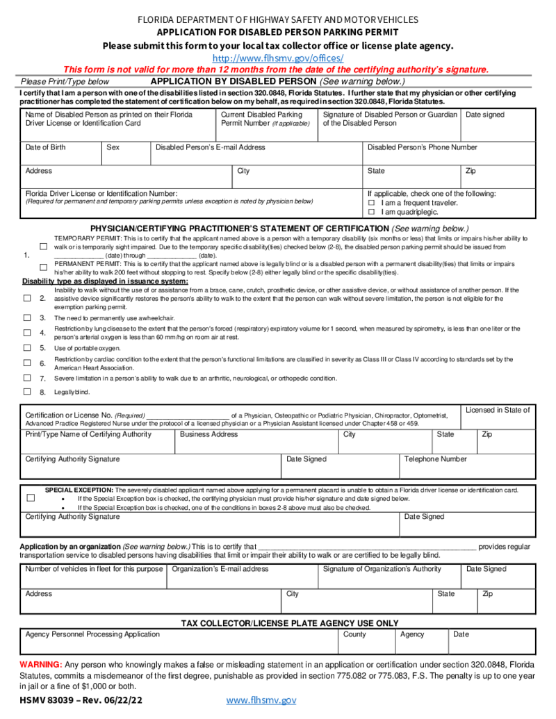 Form HSMV 83039, Application for Disabled Person Permit
