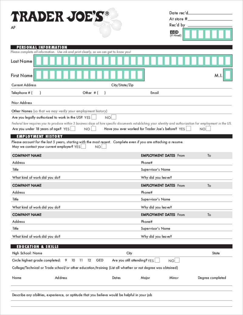 Trader Joes Employment Application Form