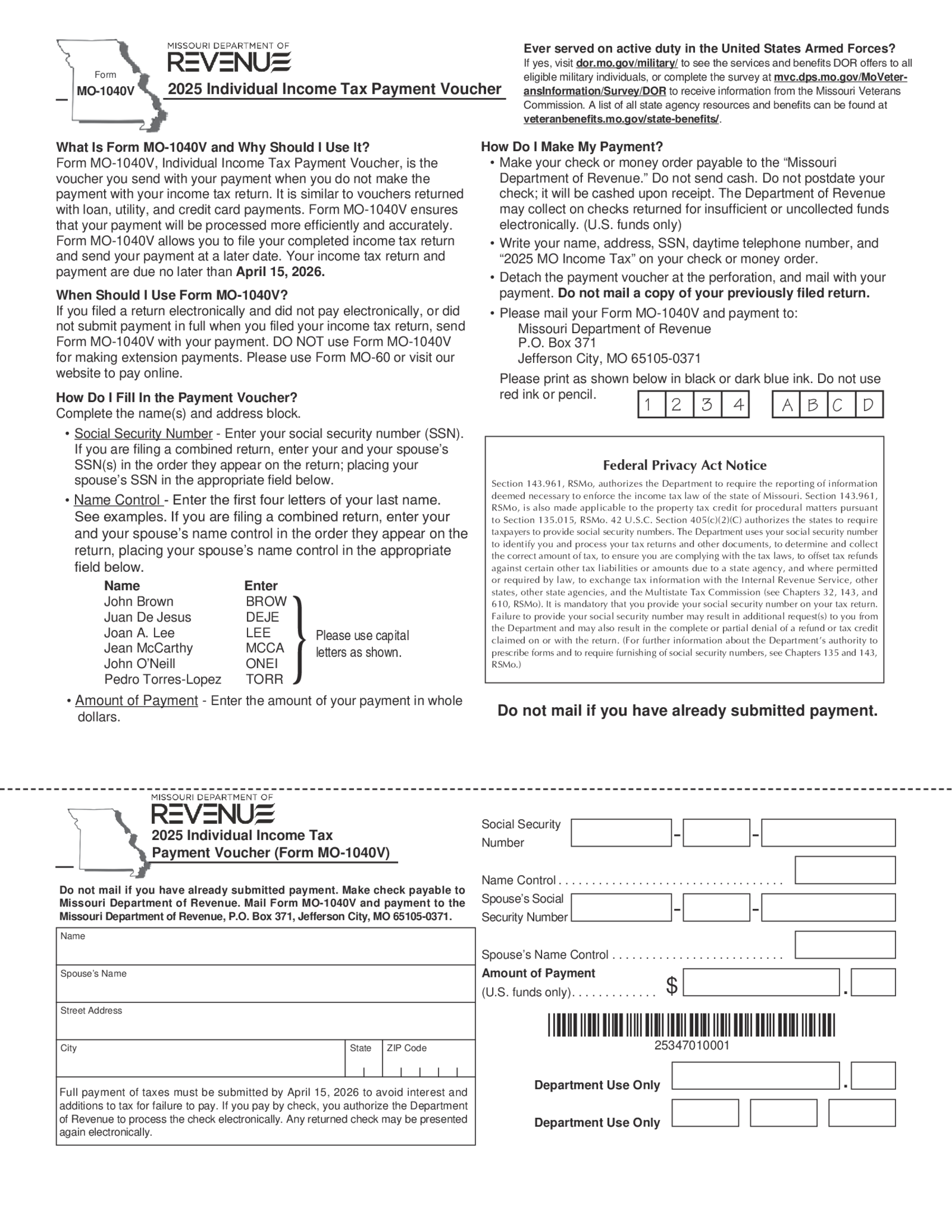 Form MO-1040V - Individual Income Tax Payment Voucher - Thumbnail