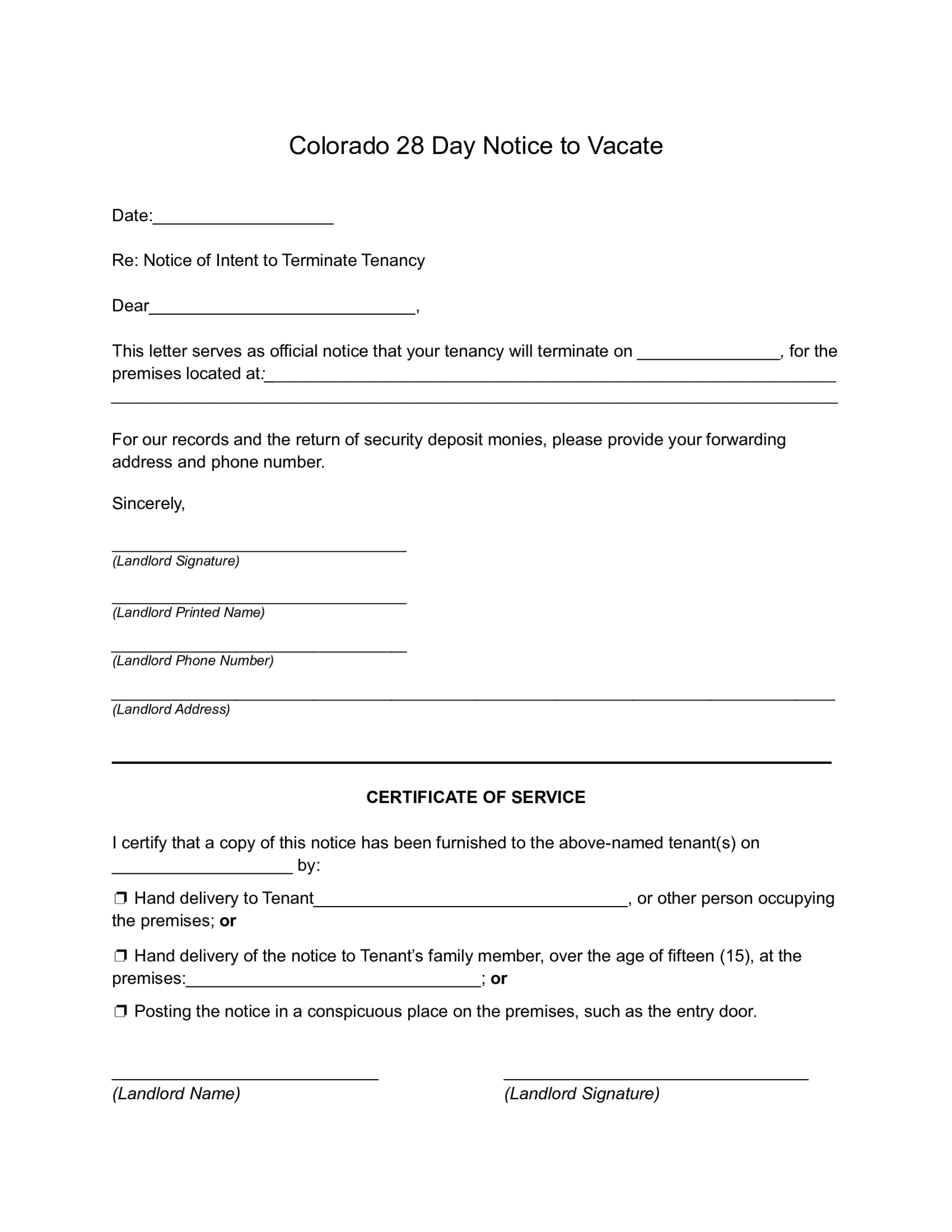 Colorado Lease Termination Letter Form, 30-Day Notice - Thumbnail