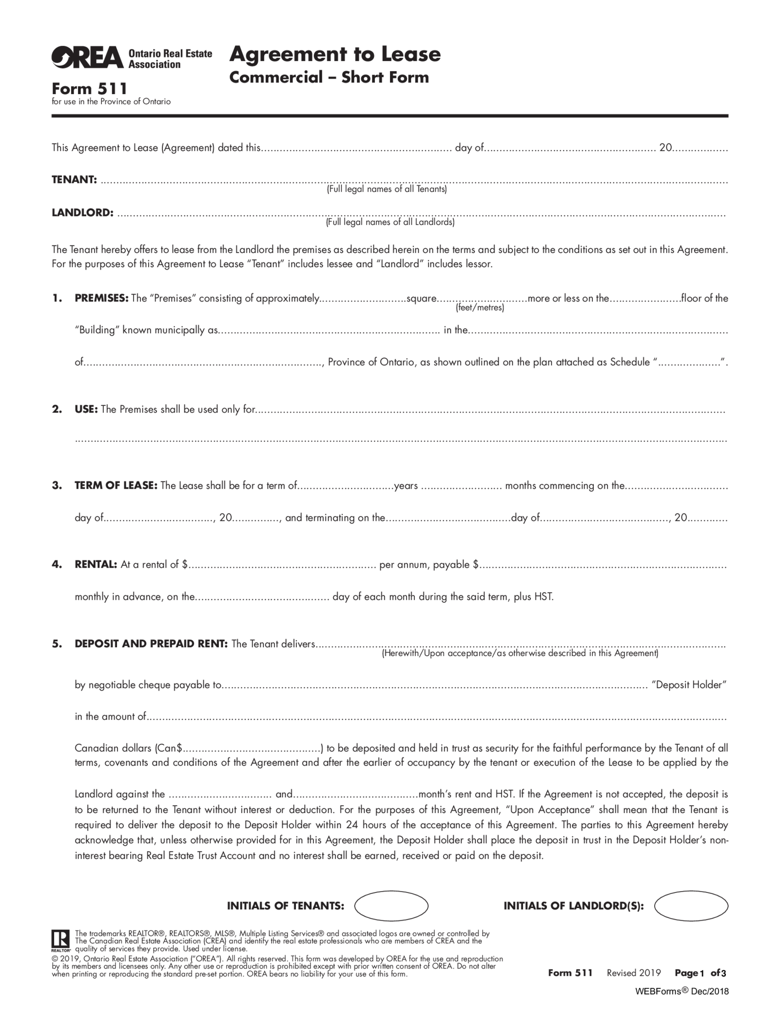 OREA Form 511, Agreement to Lease - Thumbnail