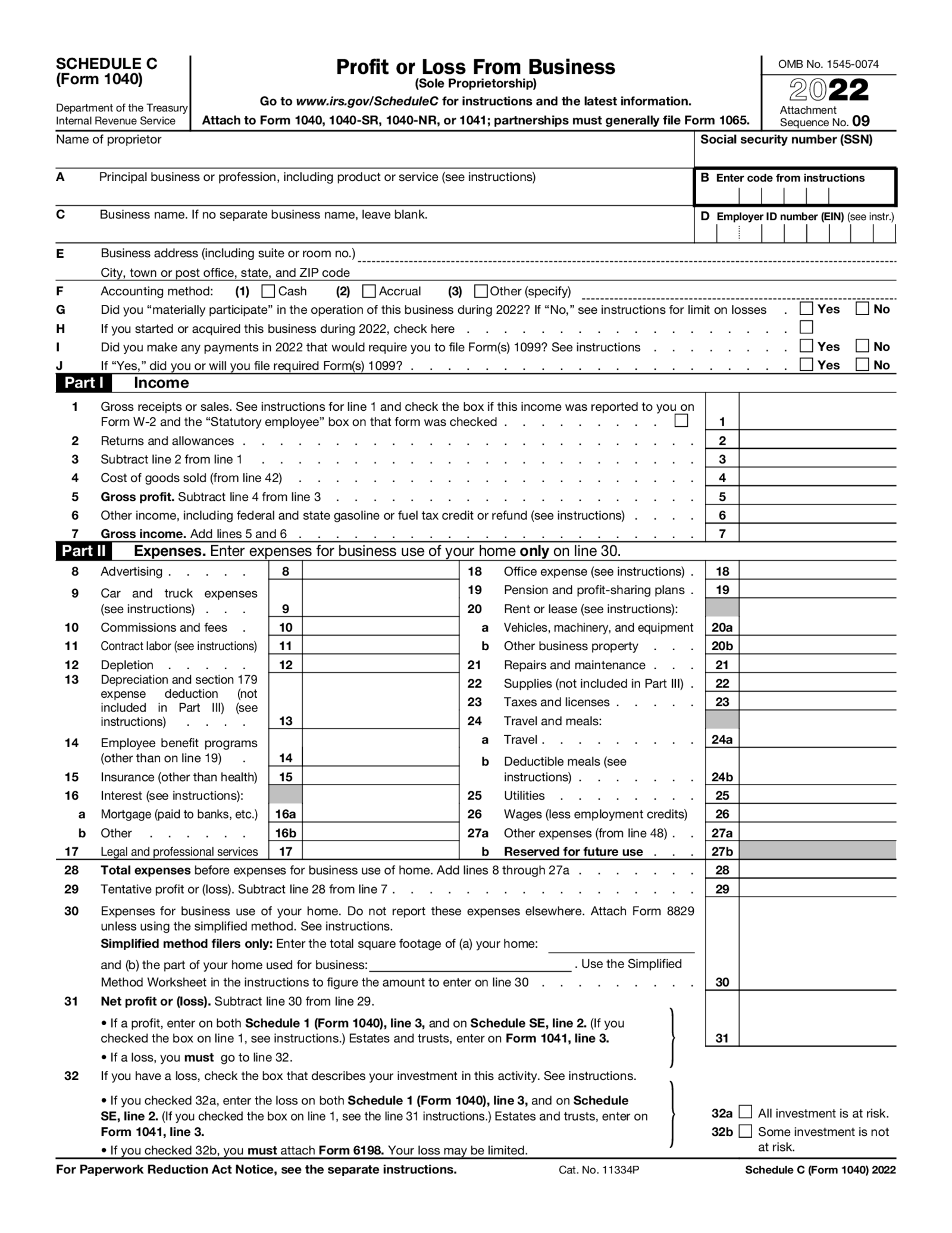 Fillable Schedule C Form 1040 (2022) - Thumbnail