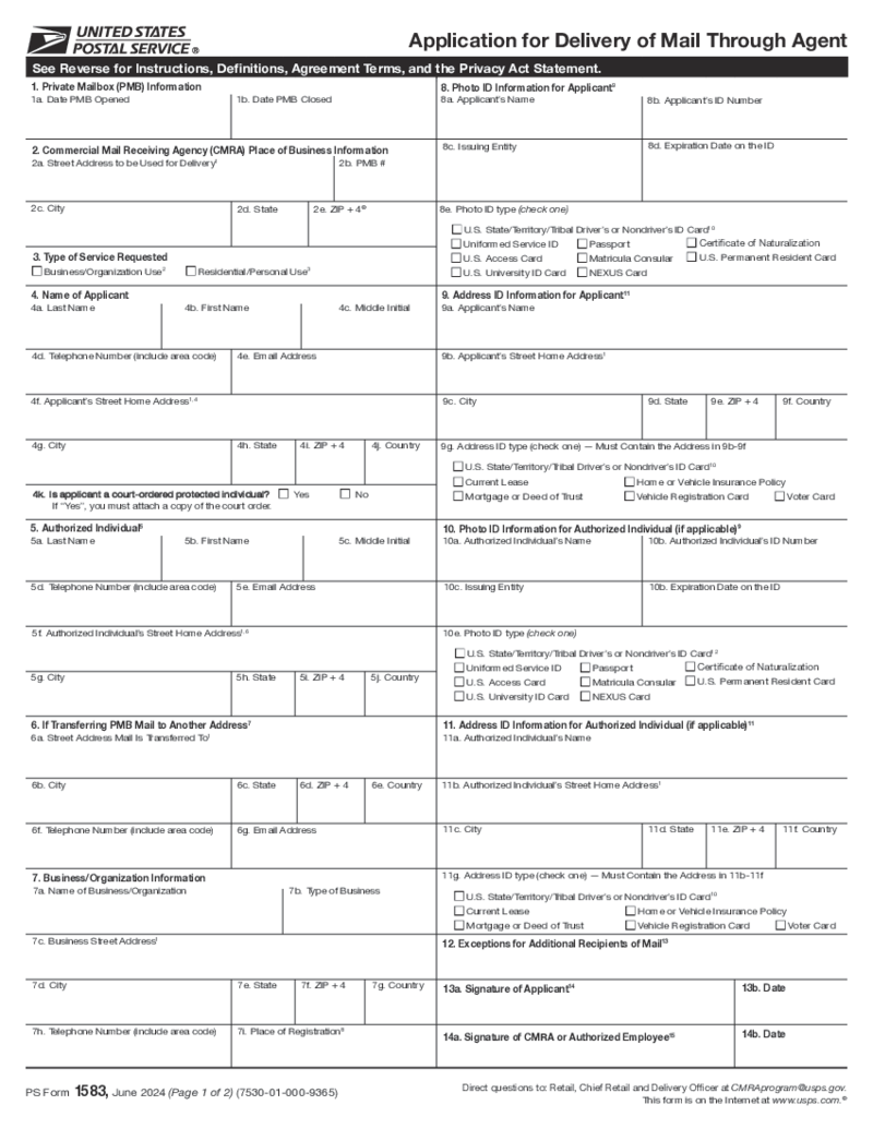 Application for Delivery of Mail Through Agent