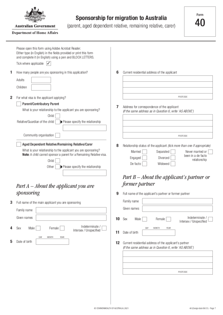 Form 40SP - Sponsorship for a partner to migrate to Australia