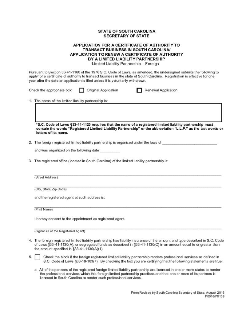 F0139 Application for a Certificate of Authority to Transact Business in South Carolina