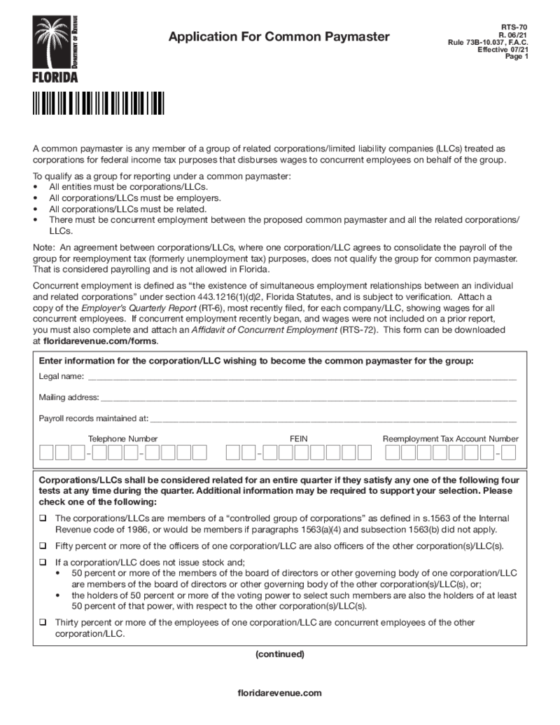 Application for Common Paymaster (Florida Form RTS-70)