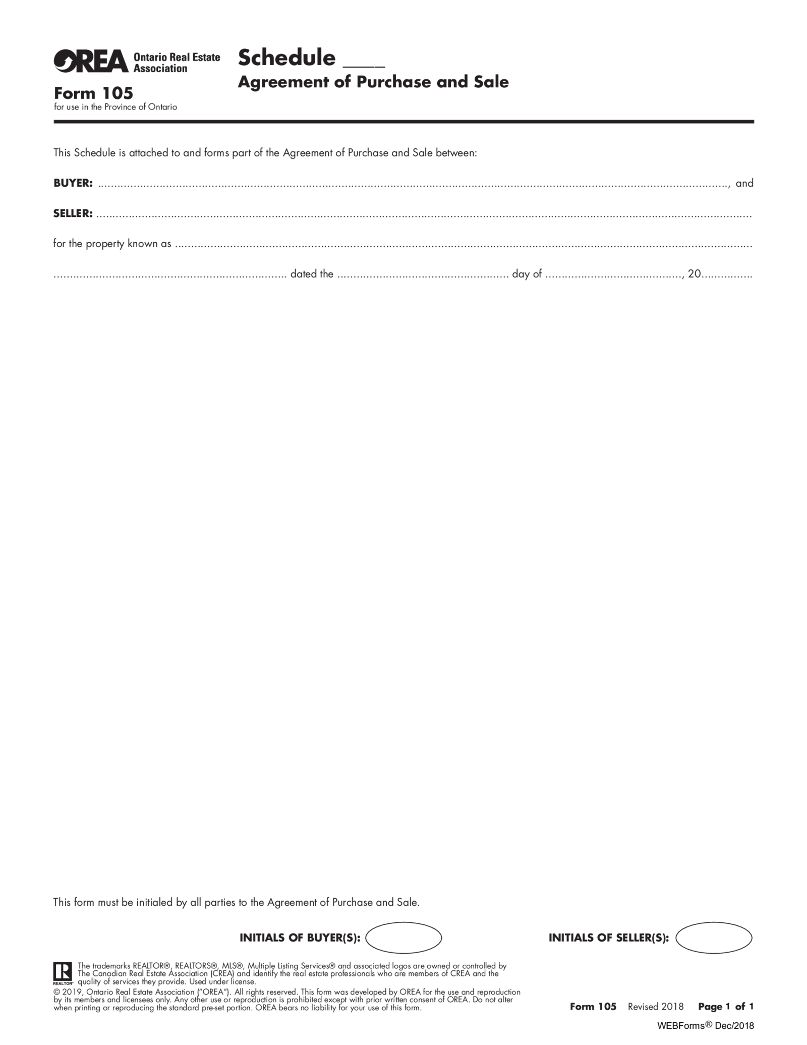 OREA Form 105, Schedule - Agreement of Purchase and Sale - Thumbnail