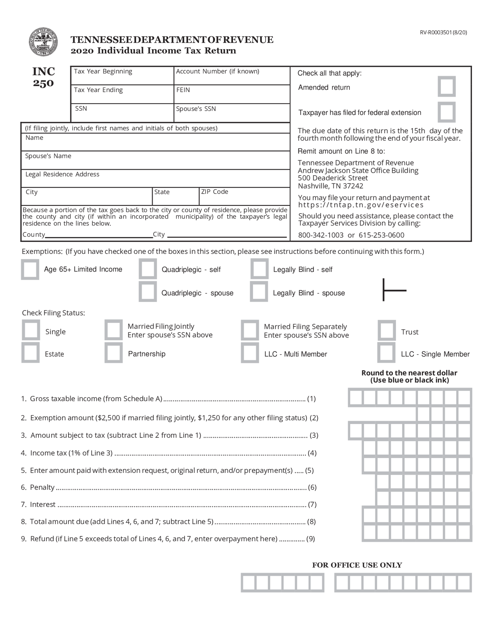 Tennessee Individual Income Tax Return - INC 250 - Thumbnail