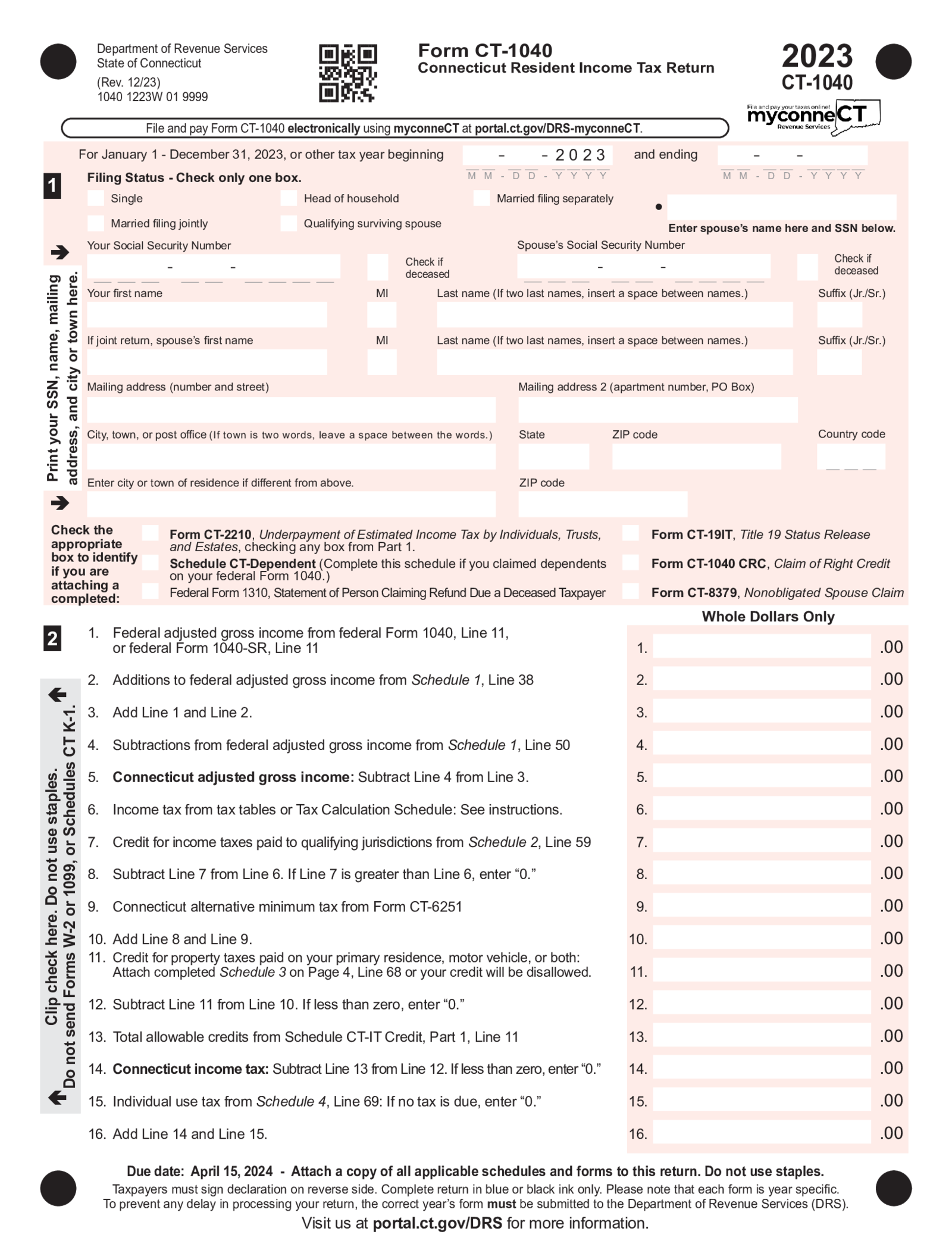 Connecticut Resident Income Tax Return - Form CT-1040 - Thumbnail